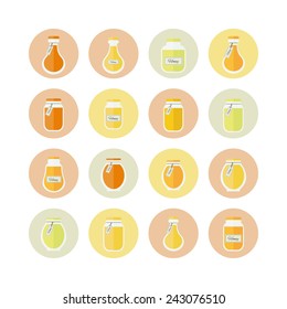 Jars of honey set of circled icons. Vector elements for design