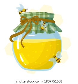 jars with honey or syrup. natural bee honey drawn in cartoon style vector illustration isolated on white background