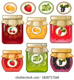 Jars of jam. Blackcurrant and strawberry. Red currant and cherry. Gooseberry and orange. Food and cooking. Vector illustration set.