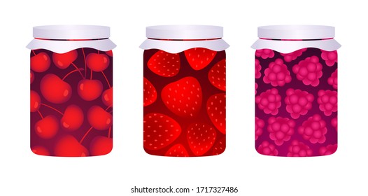 Jars of jam: cherry, strawberry and raspberry flavours. Berry patterns. Vector illustration isolated on white. Set of 3.