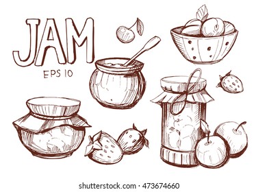 Jars with jam and fruit. Sketch. Vector illutration