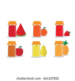 Jars of jam with fruits. Flat design. Apple, orange, strawberry, apple, pear, watermelon.