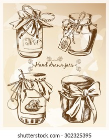 Jars of jam, hand drawn set. Vector Illustration.