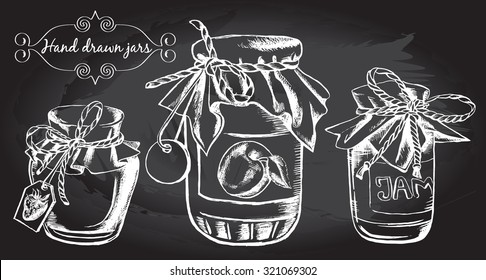 Jars of jam, hand drawn set. Vector Illustration. Illustration on a blackboard.