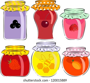 jars of jam and honey isolated on white background