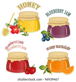 jars of jam and honey isolated on white background - vector illustration