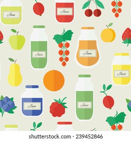 Jars of jam and juice, berries and fruits. Cartoon seamless pattern. Vector illustration in flat design