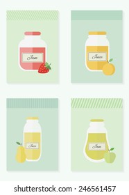 Jars of jam and juice cards. Flat design vector illustration