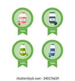Jars of jam and juice stickers set. Flat design vector illustration
