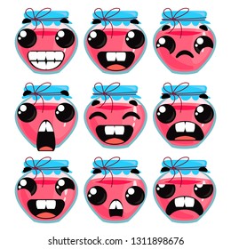 Jars with jam or jam. Set of different emotions. Vector illustration in cartoon style.