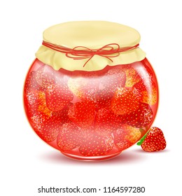 Jars of jam. Strawberry jam. Marmalade. Sweet dessert. Traditional harvest for the winter. Strawberry. Glass jar.