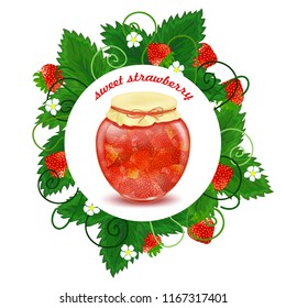 Jars of jam. Strawberry jam. Marmalade. Sweet dessert. Traditional harvest for the winter. Strawberry. Glass jar.