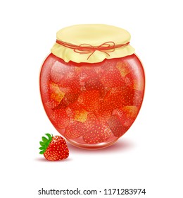 Jars of jam. Strawberry jam. Marmalade. Sweet dessert. Traditional harvest for the winter. Strawberry. Glass jar.