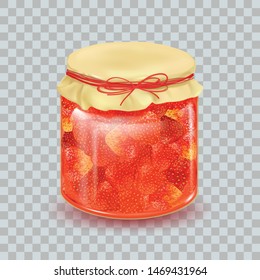 Jars of jam. Strawberry jam. Marmalade. Sweet dessert. Traditional harvest for the winter. Strawberry. Glass jar.