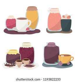 Jars of jam, tea, coffee cups and berries. Tea and coffee time vector illustration. Morning family breakfast vector concept