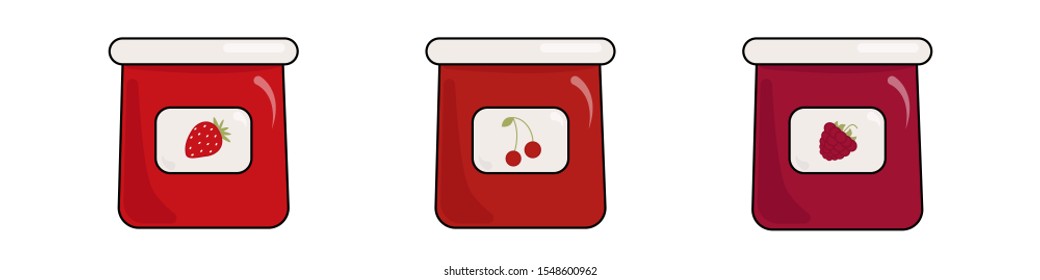 Jars with jams. Strawberry, cherry, raspberry. Icons on white background - jams with fruits. 