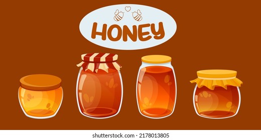 Jars, jugs, pots with honey. Honey of different types. Dark and light honey in jars. A jar with a lid with ruffles. Logo for honey packaging