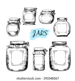 Jars with labels. Set of hand drawn illustrations