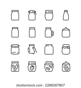 Jars, linear style icons set, glass jar for twisting, for storing food. Jars of jam. Pickles, jam, honey, cookies. Editable stroke width