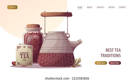 Jarras de té suelto y tetera de cerámica. Tienda de té, cafetería, amante del té, fiesta, bebidas, concepto de cocina. Ilustración vectorial para afiches, banner, sitio web, menú, publicidad. 