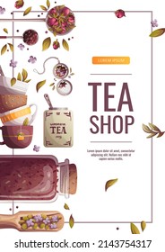 Jars of loose tea, spoons, strainer, teacups. Tea shop, cafe-bar,  tea party, kitchen concept. A4 vector illustration for poster, banner, flyer, menu, advertising. 