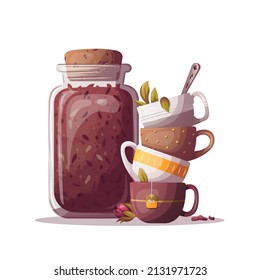 Jars of loose tea and teacups. Tea shop, cafe-bar, tea lover, tea party, beverages, kitchen concept. Isolated vector illustration for poster, banner, cover, menu, advertising. 