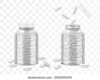 Jarras con píldoras o cápsulas médicas, aisladas en un fondo transparente. Botellas médicas con fármacos, vidrio o contenedor de plástico con tapa abierta y cerrada. Vector 3d ilustración realista, burla.