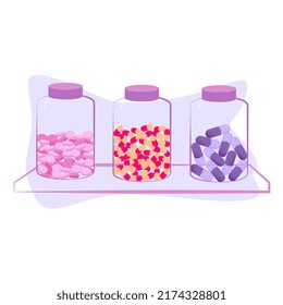 jars of medicine, colored pills, illustration, pharmaceutical, pharmacy, sale, medicine shelf, soft colors, pink