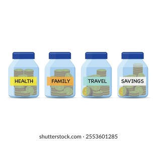 Jars money management. Coins in glass jars with labeled savings. Vector illustration