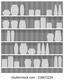 jars on shelf in front of gray striped wall