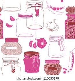 jars, peas and garlic, seamless pattern