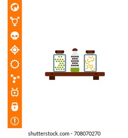 Jars with peas and pasta on shelf