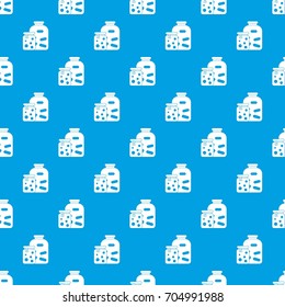 Jars with pickled vegetables and jam pattern repeat seamless in blue color for any design. Vector geometric illustration