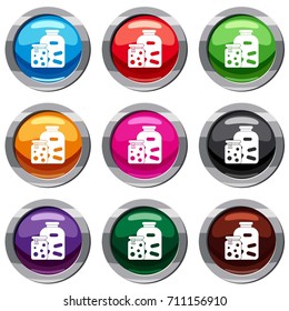 Jars with pickled vegetables and jam set icon isolated on white. 9 icon collection vector illustration