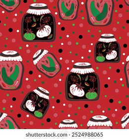 Jars of pickles, cucumbers, tomatoes. Vintage retro pattern with texture in linocut style vector