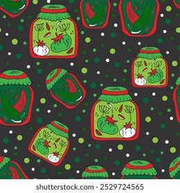 Frascos de picles, pepinos, tomates. Padrão retro vintage com textura em vetor estilo linocut