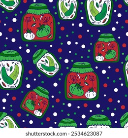 Frascos de picles, pepinos, tomates. Padrão retro vintage com textura em vetor estilo linocut