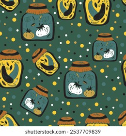 Jars of pickles, cucumbers, tomatoes. Vintage retro pattern with texture in linocut style vector