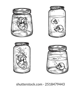 Jars with poison liquid and human heart and skulls inside. Hand drawn sketch style. Best for tattoo and mystical designs. Vector illustrations on white.