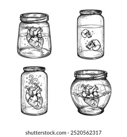 Jars with poison liquid and human heart and skulls inside. Hand drawn sketch style. Best for tattoo and mystical designs. Vector illustrations on white.