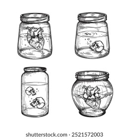 Jars with poison liquid and human heart and skulls inside. Hand drawn sketch style. Best for tattoo and mystical designs. Vector illustrations on white.