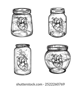 Jars with poison liquid and human heart and skulls inside. Hand drawn sketch style. Best for tattoo and mystical designs. Vector illustrations on white.