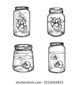 Jars with poison liquid and human heart and skulls inside. Hand drawn sketch style. Best for tattoo and mystical designs. Vector illustrations on white.