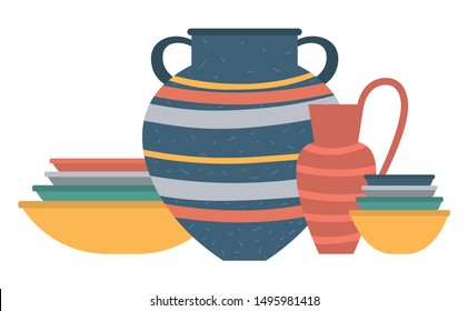 Jars and pots made of clay, handmade products, cookery items, traditional bowls and vases, amphora decorated with stripes ceramic bottles urns. Vector illustration in flat cartoon style