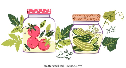 Jars of preserved pickled homemade vegetables, flat vector illustration isolated on white background. Pickled cucumbers and tomatoes canned food in glass. Grocery banner or textile print.