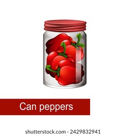 Jars preserved red peppers. Canned food in glass jars. Grocery conserve container