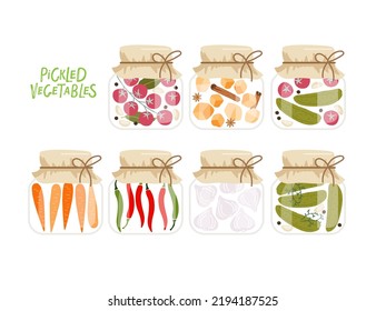 Jars preserved vegetables. Canned food set. Pickled vegetables in glass jars hand drawn doodle isolated on white background. Grocery conserve containers. Flat vector Food template