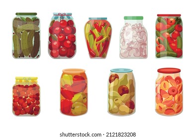 Jars preserved vegetables. Cans of pickled tomatoes, cucumbers and peppers. Cartoon canned food in glass jars with berry fruit or mushrooms. Grocery conserve containers