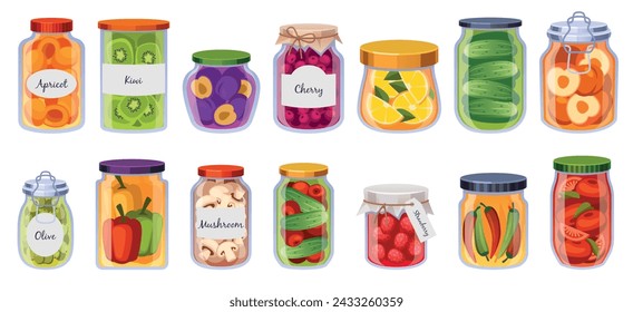 Jars preserved vegetables. Pickled fruits, berries and mushrooms, organic fermented food in glass containers, homemade cucumber conserves, cartoon flat style isolated tidy vector set