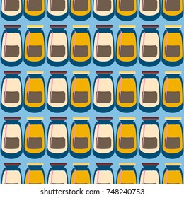 Jars with rustic home canning new seamless pattern for background.